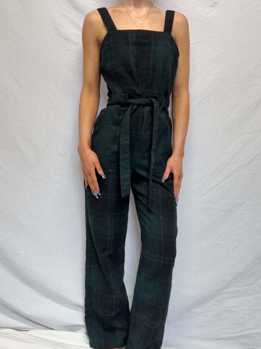 copper key green flannel jumpsuit
